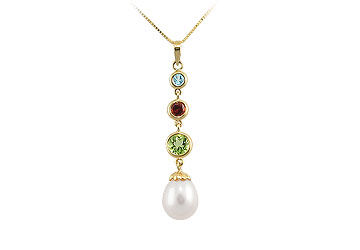 Cultured Pearl and Multicolor Gemstone Pendant : 14K Yellow Gold - 1.00 CT TGW