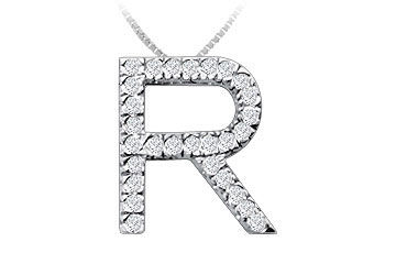 Classic R Initial Diamond Pendant  14K White Gold - 0.45 CT Diamonds