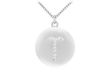 Diamond Initial T Disc Pendant  14K White Gold - 0.20 CT Diamonds