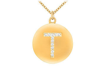 Diamond Initial T Disc Pendant  14K Yellow Gold - 0.20 CT Diamonds