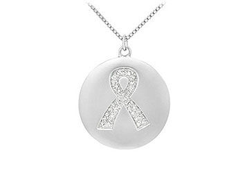 Diamond Breast Cancer Awareness Ribbon Disc Pendant  14K White Gold - 0.15 CT Diamonds