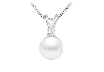 Cultured Akoya Pearl and Diamond Pendant  14K White Gold - 0.02 CT Diamond