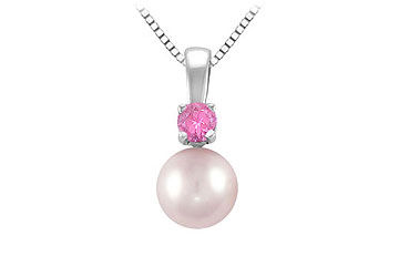 Cultured Akoya Pearl and Pink Sapphire Pendant  14K White Gold - 0.10 CT TGW