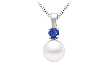 Cultured Akoya Pearl and Sapphire Pendant  14K White Gold - 0.10 CT TGW