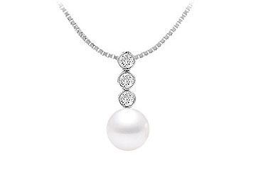 Cultured Akoya Pearl and Diamond Pendant  14K White Gold - 0.15 CT Diamonds