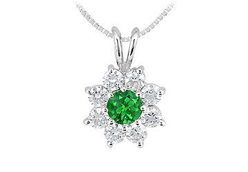 Emerald and Diamond Flower Pendant  14K White Gold - 0.75 CT TGW
