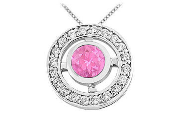 Pink Sapphire and Diamond Circle Pendant  14K White Gold - 0.50 CT TGW