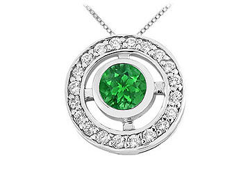 Emerald and Diamond Circle Pendant  14K White Gold - 0.50 CT TGW