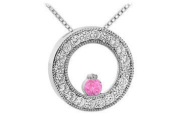 Pink Sapphire and Diamond Circle Pendant  14K White Gold - 1.00 CT TGW