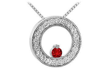 Ruby and Diamond Circle Pendant  14K White Gold - 1.00 CT TGW