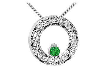 Emerald and Diamond Circle Pendant  14K White Gold - 1.00 CT TGW