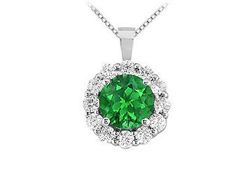 Emerald and Diamond Circle Pendant  14K White Gold - 1.50 CT TGW