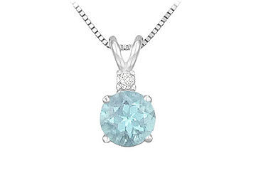 Diamond and Aquamarine Solitaire Pendant  14K White Gold - 1.00 CT TGW