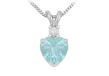 Diamond and Aquamarine Solitaire Pendant  14K White Gold - 1.00 CT TGW