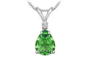 Diamond and Emerald Solitaire Pendant  14K White Gold - 1.00 CT TGW