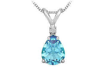 Diamond and Blue Topaz Solitaire Pendant  14K White Gold - 1.00 CT TGW