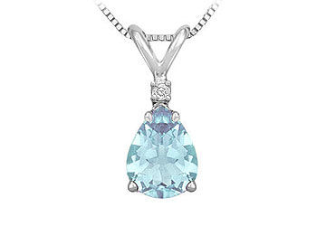 Diamond and Aquamarine Solitaire Pendant  14K White Gold - 1.00 CT TGW