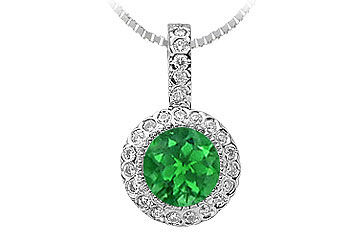 Emerald and Diamond Circle Pendant  14K White Gold - 1.25 CT TGW
