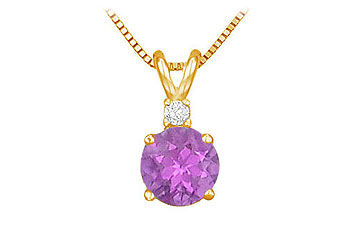 Diamond and Amethyst Solitaire Pendant  14K Yellow Gold - 1.00 CT TGW