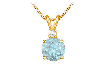 Diamond and Aquamarine Solitaire Pendant  14K Yellow Gold - 1.00 CT TGW