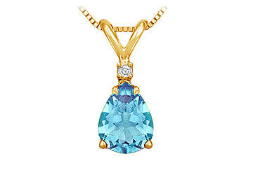 Diamond and Blue Topaz Solitaire Pendant  14K Yellow Gold - 1.00 CT TGW