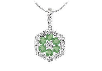 Emerald and Diamond Geometric Design Pendant  14K White Gold - 1.50 CT TGW