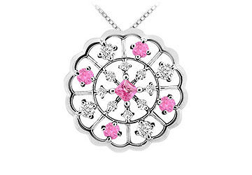 Pink Sapphire and Diamond Flower Pendant  14K White Gold - 1.00 CT TGW