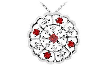Ruby and Diamond Flower Pendant  14K White Gold - 1.00 CT TGW