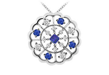 Sapphire and Diamond Flower Pendant  14K White Gold - 1.00 CT TGW