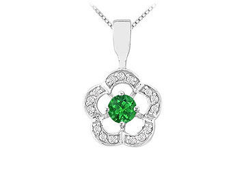 Emerald and Diamond Flower Pendant  14K White Gold - 0.50 CT TGW