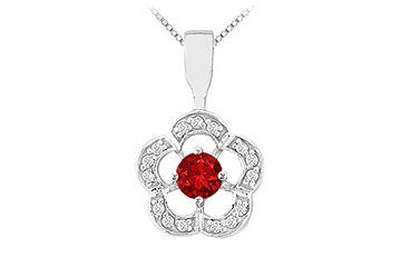 Ruby and Diamond Flower Pendant  14K White Gold - 0.50 CT TGW