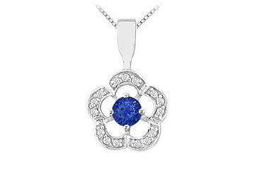 Sapphire and Diamond Flower Pendant  14K White Gold - 0.50 CT TGW