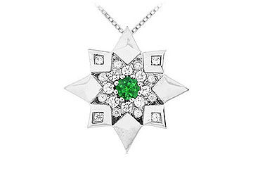 Emerald and Diamond Star Pendant  14K White Gold - 0.66 CT TGW