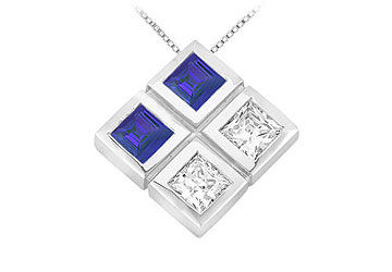 Blue Sapphire and Diamond Pendant  14K White Gold - 1.00 CT TGW
