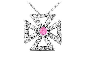 Pink Sapphire and Diamond Maltese Cross Pendant  14K White Gold - 0.75 CT TGW