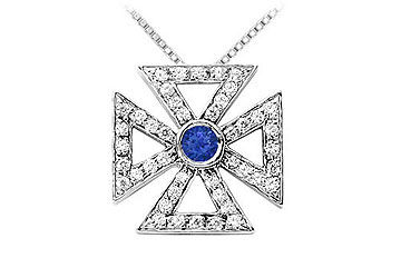 Sapphire and Diamond Maltese Cross Pendant  14K White Gold - 0.75 CT TGW