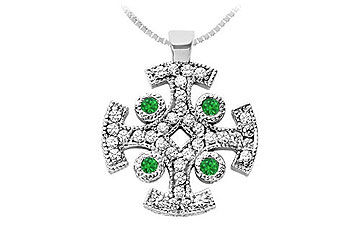 Emerald and Diamond Cross Pendant  14K White Gold - 1.50 CT TGW