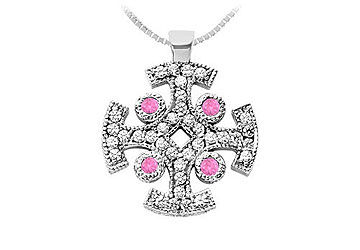 Pink Sapphire and Diamond Cross Pendant  14K White Gold - 1.50 CT TGW