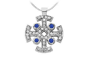 Sapphire and Diamond Cross Pendant  14K White Gold - 1.50 CT TGW