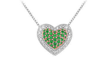 Emerald and Diamond Heart Pendant  14K White Gold - 0.75 CT TGW
