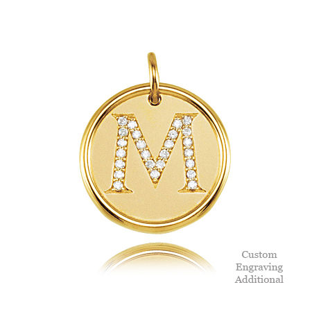 14k Yellow Gold Engravable Posh Mommy Pendant Initial with Diamonds - Letter M