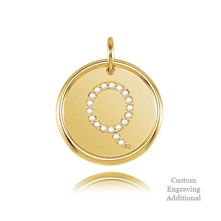 14k Yellow Gold Engravable Posh Mommy Pendant Initial with Diamonds - Letter Q