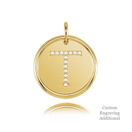 14k Yellow Gold Engravable Posh Mommy Pendant Initial with Diamonds - Letter T