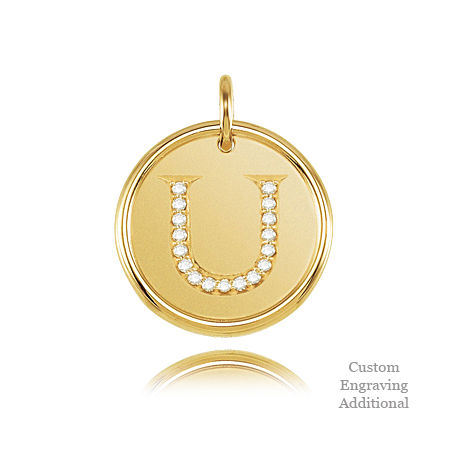 14k Yellow Gold Engravable Posh Mommy Pendant Initial with Diamonds - Letter U