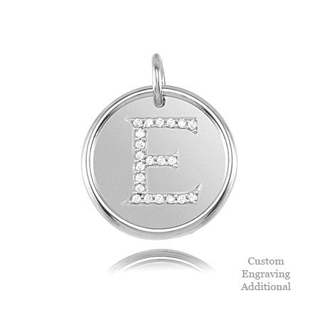 Letter E - Engravable Posh Mommy Pendant Initial with Diamonds - 14k White Gold