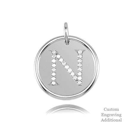 Letter N - Engravable Posh Mommy Pendant Initial with Diamonds - 14k White Gold