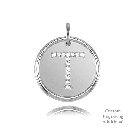 Letter T - Engravable Posh Mommy Pendant Initial with Diamonds - 14k White Gold
