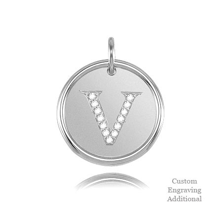Letter V - Engravable Posh Mommy Pendant Initial with Diamonds - 14k White Gold