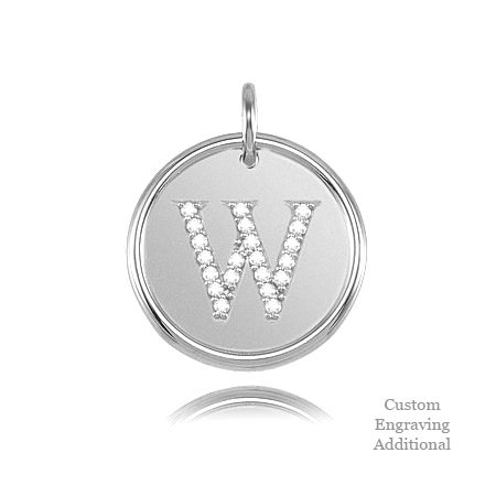 Letter W - Engravable Posh Mommy Pendant Initial with Diamonds - 14k White Gold