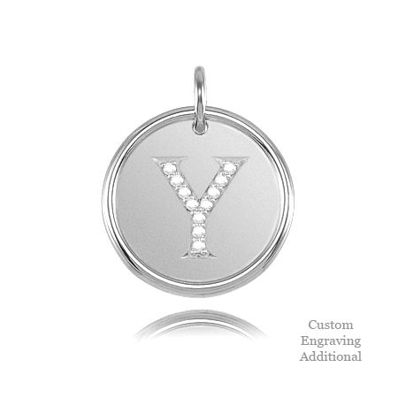 Letter Y - Engravable Posh Mommy Pendant Initial with Diamonds - 14k White Gold